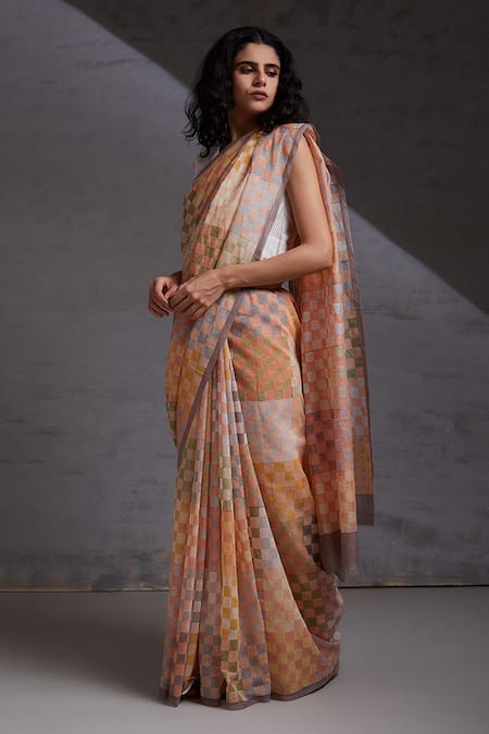 Shop_Shikha Malik_Multi Color Silk, Chanderi Checks Hand Block Print Saree _at_Aza_Fashions
