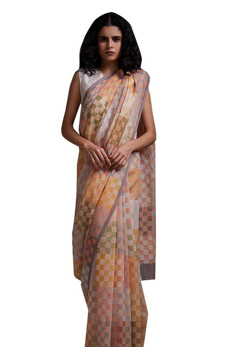 Shikha Malik_Multi Color Silk, Chanderi Checks Hand Block Print Saree _Online_at_Aza_Fashions