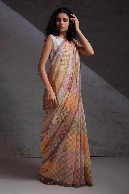 Buy_Shikha Malik_Multi Color Silk, Chanderi Checks Hand Block Print Saree _Online_at_Aza_Fashions