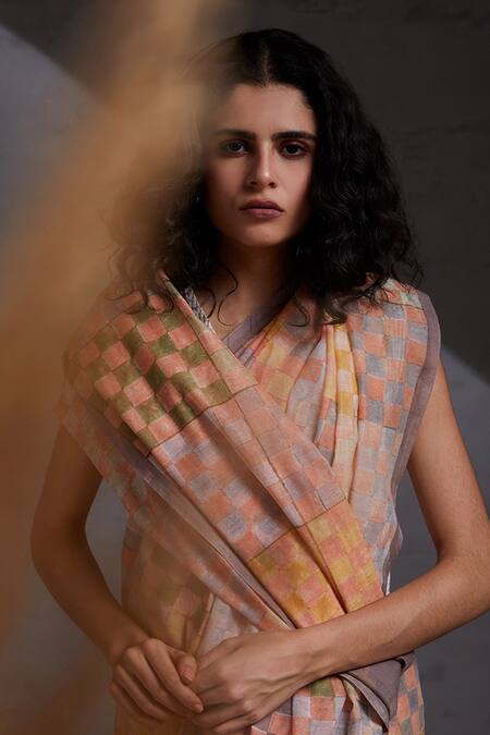 Shop_Shikha Malik_Multi Color Silk, Chanderi Checks Hand Block Print Saree _Online_at_Aza_Fashions