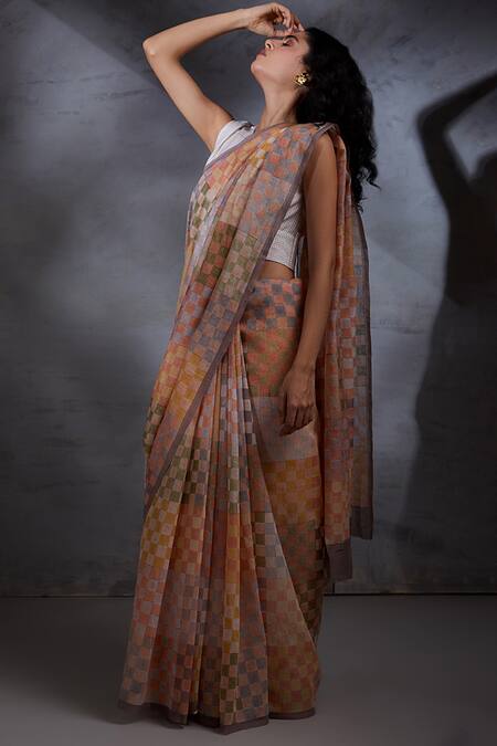 Shikha Malik_Multi Color Silk, Chanderi Checks Hand Block Print Saree _at_Aza_Fashions