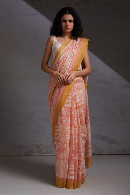 Shop_Shikha Malik_Peach Silk, Chanderi Floral Hand Block Print Saree _at_Aza_Fashions