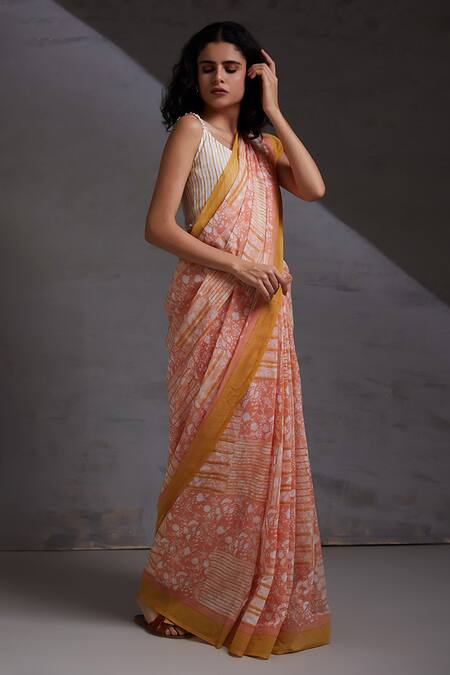 Buy_Shikha Malik_Peach Silk, Chanderi Floral Hand Block Print Saree _Online_at_Aza_Fashions
