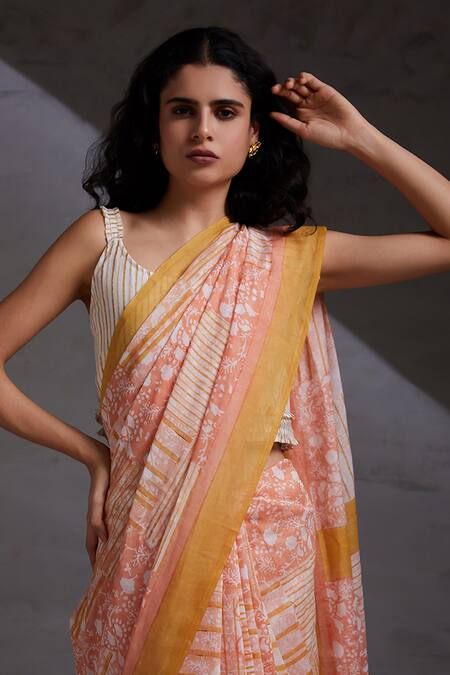 Shikha Malik_Peach Silk, Chanderi Floral Hand Block Print Saree _at_Aza_Fashions