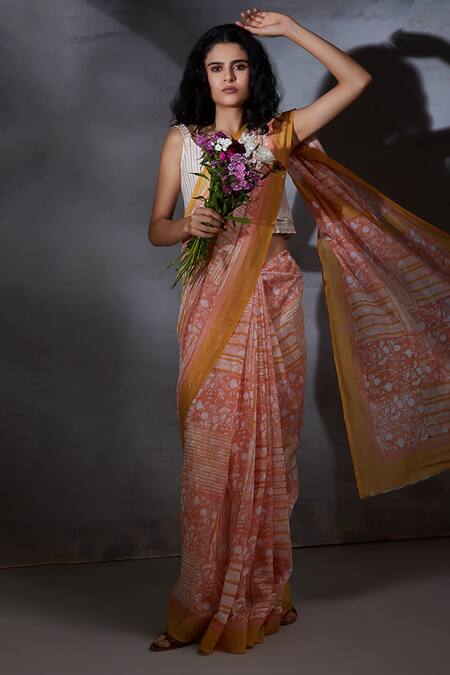 Buy_Shikha Malik_Peach Silk, Chanderi Floral Hand Block Print Saree 