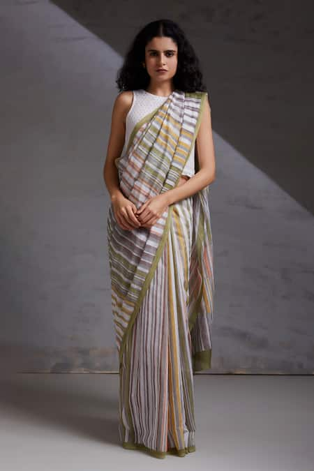 SHIKHA MALIK Stripe Hand Block Print Saree 