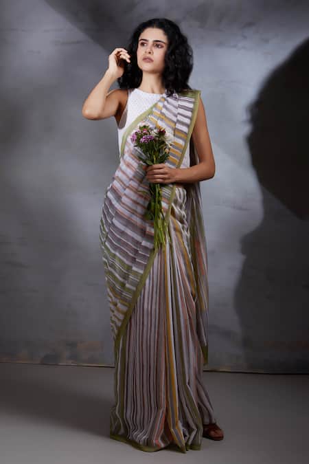 Shop_Shikha Malik_Multi Color Silk, Chanderi Stripe Hand Block Print Saree _at_Aza_Fashions