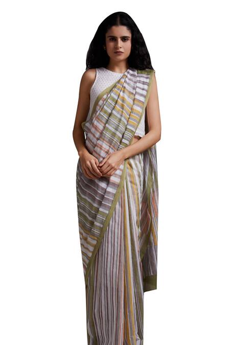 Shikha Malik_Multi Color Silk, Chanderi Stripe Hand Block Print Saree _Online_at_Aza_Fashions