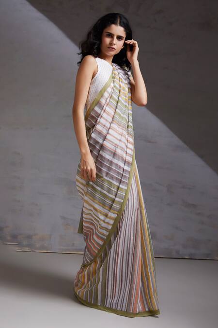 Buy_Shikha Malik_Multi Color Silk, Chanderi Stripe Hand Block Print Saree _Online_at_Aza_Fashions