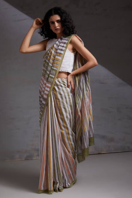 Shop_Shikha Malik_Multi Color Silk, Chanderi Stripe Hand Block Print Saree _Online_at_Aza_Fashions