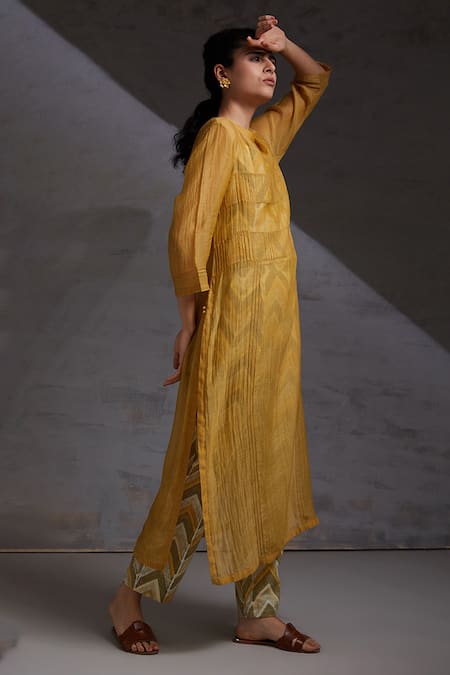 Shop_Shikha Malik_Yellow Silk, Chanderi Zari Round Neck Udaya Detailed Kurta Pant Set _Online_at_Aza_Fashions