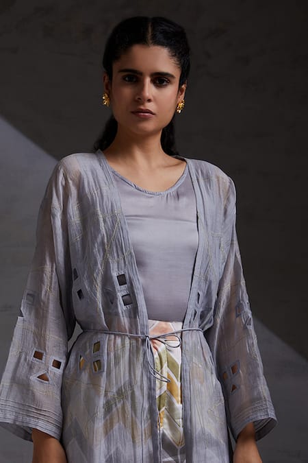 Shop Shikha Malik Grey , , Cut Utar Chadav Detailed Jacket Pant Set Shop_Shikha Malik_Grey , , Cut Utar Chadav Detailed Jacket Pant Set