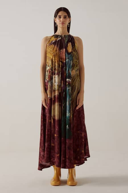 Cord_Multi Color Cotton Halter Neck Circular High Tea Print Long Dress_Online_at_Aza_Fashions