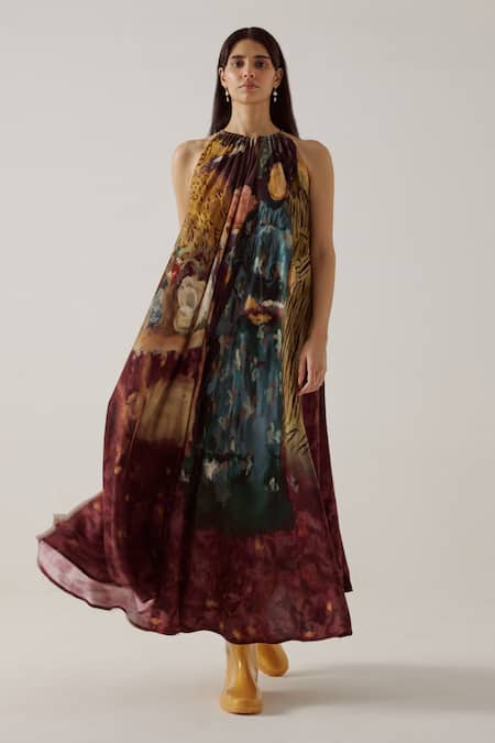 Buy_Cord_Multi Color Cotton Halter Neck Circular High Tea Print Long Dress_Online_at_Aza_Fashions