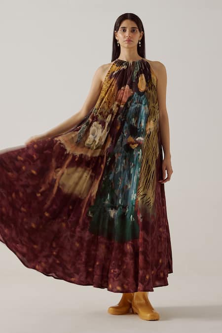 Shop_Cord_Multi Color Cotton Halter Neck Circular High Tea Print Long Dress_Online_at_Aza_Fashions