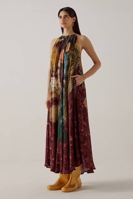 Cord_Multi Color Cotton Halter Neck Circular High Tea Print Long Dress_at_Aza_Fashions