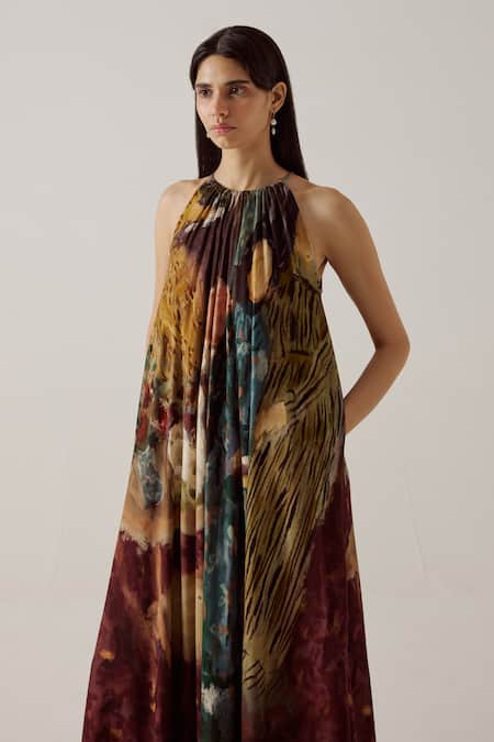 Buy_Cord_Multi Color Cotton Halter Neck Circular High Tea Print Long Dress