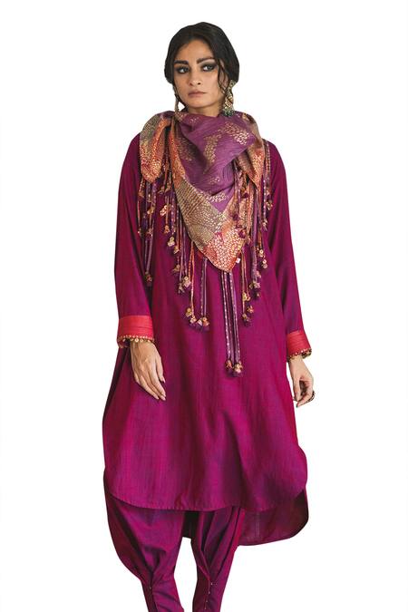 Buy_Swatti Kapoor_Pink Handloom Cotton Embroidery Mandarin Collar Falak Handwoven Curved Hem Kurta _Online_at_Aza_Fashions