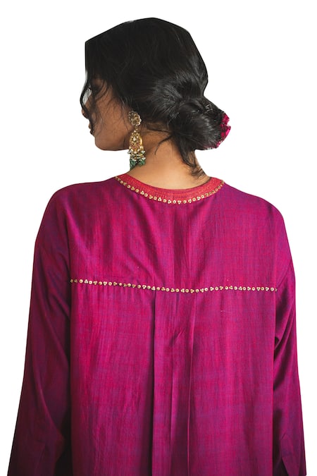 Buy_Swatti Kapoor_Pink Handloom Cotton Embroidery Mandarin Collar Falak Handwoven Curved Hem Kurta 