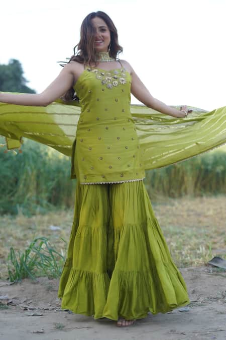 Mona And Vishu Floral Embroidered Kurta Sharara Set 