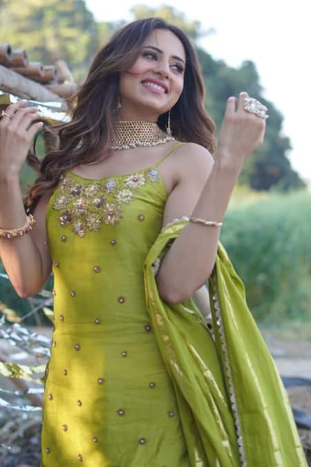 Buy_Mona And Vishu_Green Silk, Modal, Georgette Embroidery, Sequins Scoop Floral Kurta Sharara Set _Online_at_Aza_Fashions