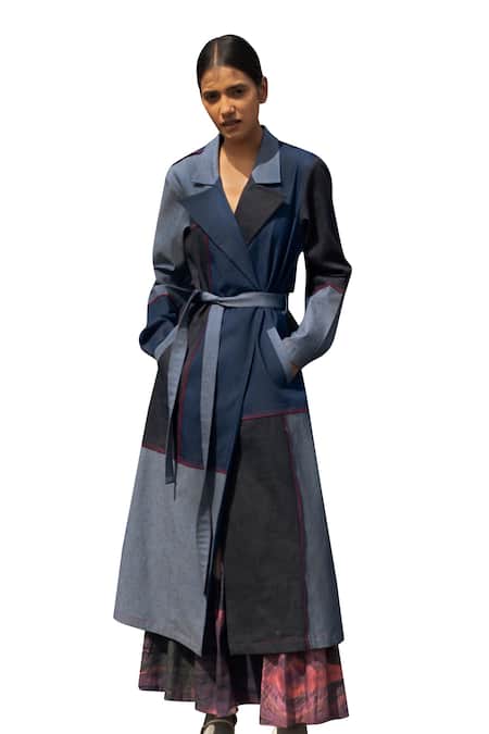 Doodlage_Black Upcycled Denim Plain Lapel Collar Color Block Trench Coat With Belt _Online_at_Aza_Fashions