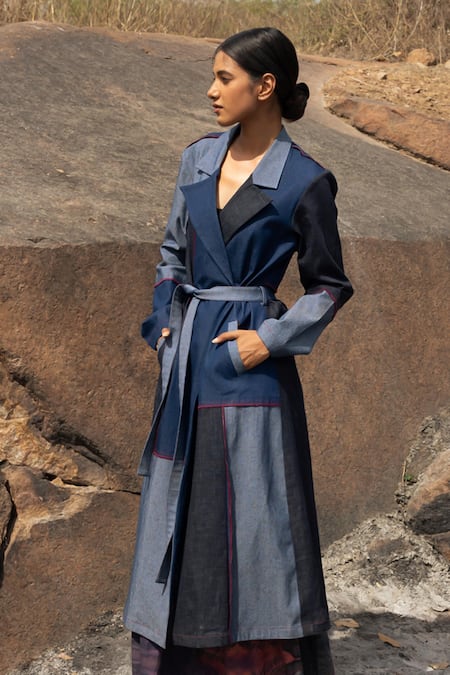 Buy_Doodlage_Black Upcycled Denim Plain Lapel Collar Color Block Trench Coat With Belt _Online_at_Aza_Fashions