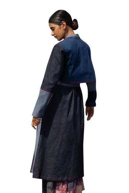 Shop_Doodlage_Black Upcycled Denim Plain Lapel Collar Color Block Trench Coat With Belt _Online_at_Aza_Fashions