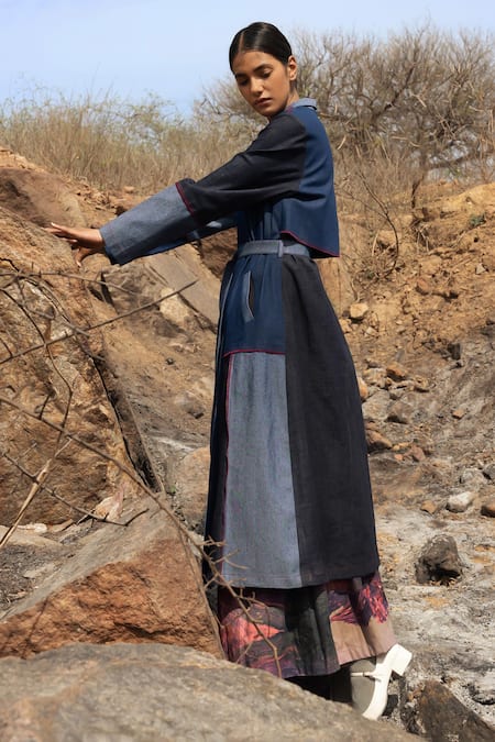 Doodlage_Black Upcycled Denim Plain Lapel Collar Color Block Trench Coat With Belt _at_Aza_Fashions