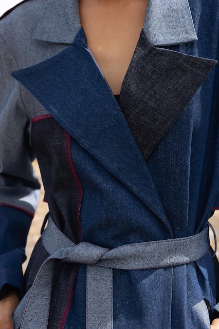 Shop_Doodlage_Black Upcycled Denim Plain Lapel Collar Color Block Trench Coat With Belt 