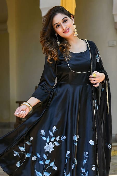 Buy Suti Kapda Black Satin Embroidery, Gota Patti Round Neck Floral Print Anarkali Pant Set Online at Aza Fashions Buy_Suti Kapda_Black Satin Embroidery, Gota Patti Round Neck Floral Print Anarkali Pant Set _Online_at_Aza_Fashions