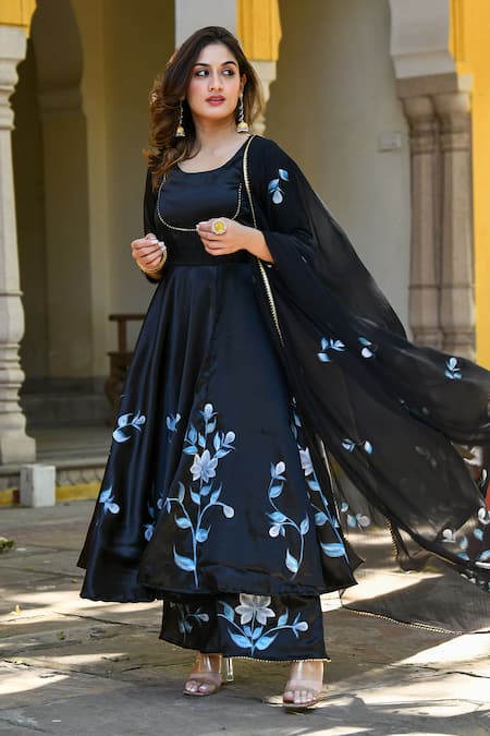 Shop_Suti Kapda_Black Satin Embroidery, Gota Patti Round Neck Floral Print Anarkali Pant Set _Online_at_Aza_Fashions