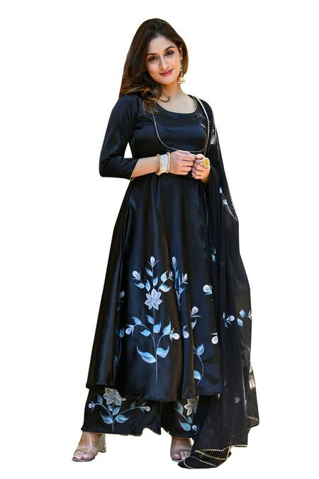 Buy Suti Kapda Black Satin Embroidery, Gota Patti Round Neck Floral Print Anarkali Pant Set Buy_Suti Kapda_Black Satin Embroidery, Gota Patti Round Neck Floral Print Anarkali Pant Set