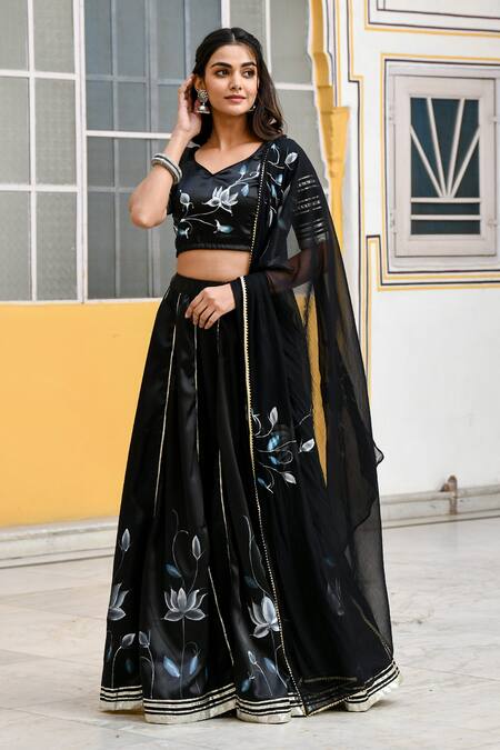 Shop_Suti Kapda_Black Silk, Satin Gota Patti Polo Collar Lotus Bloom Print Lehenga Set_Online_at_Aza_Fashions