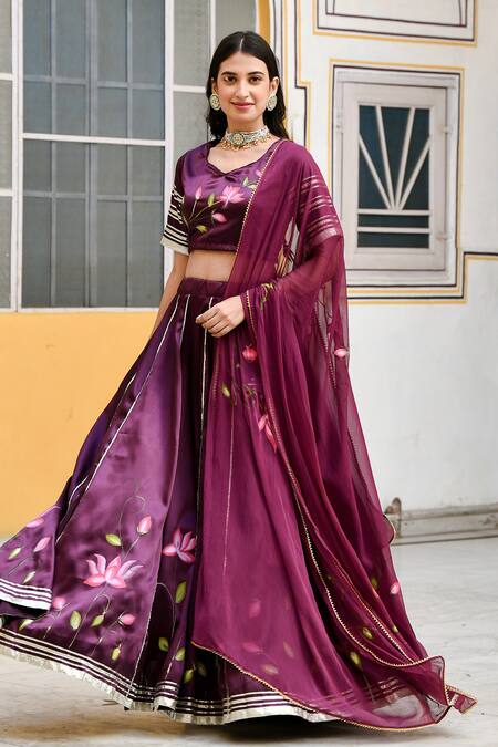 Suti Kapda_Purple Silk, Satin Gota Patti Polo Lotus Floral Bloom Print Lehenga And Blouse Set_Online_at_Aza_Fashions
