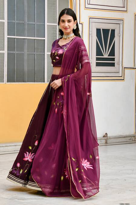 Buy_Suti Kapda_Purple Silk, Satin Gota Patti Polo Lotus Floral Bloom Print Lehenga And Blouse Set_Online_at_Aza_Fashions