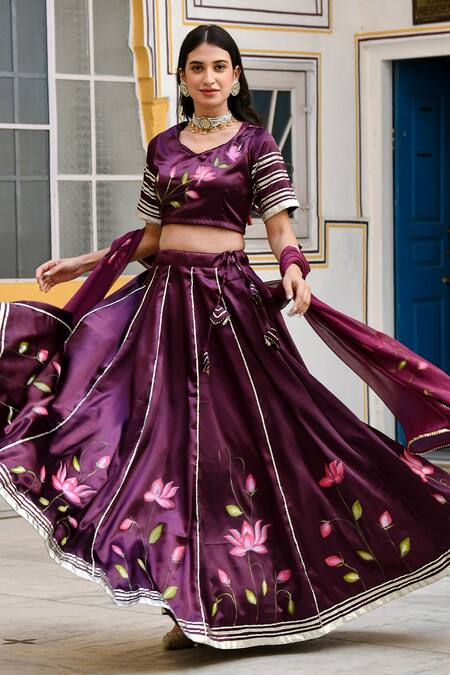 Suti Kapda_Purple Silk, Satin Gota Patti Polo Lotus Floral Bloom Print Lehenga And Blouse Set_at_Aza_Fashions