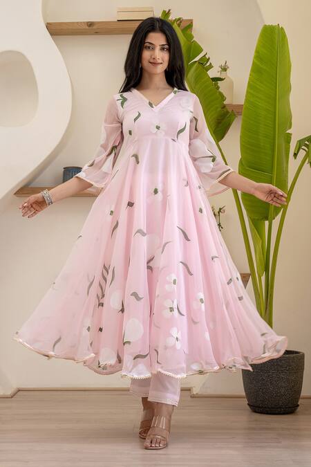 Suti Kapda_Pink Georgette Embroidery, Gota Patti Floral Bloom Print Anarkali Pant Set_Online_at_Aza_Fashions