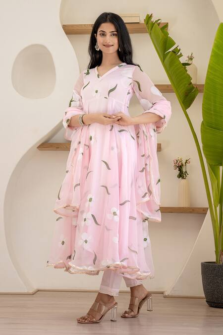 Shop_Suti Kapda_Pink Georgette Embroidery, Gota Patti Floral Bloom Print Anarkali Pant Set_Online_at_Aza_Fashions