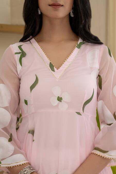 Suti Kapda_Pink Georgette Embroidery, Gota Patti Floral Bloom Print Anarkali Pant Set_at_Aza_Fashions