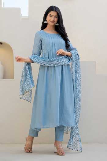 Suti Kapda_Blue Chiffon, Crepe Round Neck Plain Anarkali And Pant Set_Online_at_Aza_Fashions