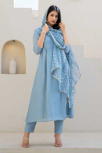 Buy_Suti Kapda_Blue Chiffon, Crepe Round Neck Plain Anarkali And Pant Set_Online_at_Aza_Fashions