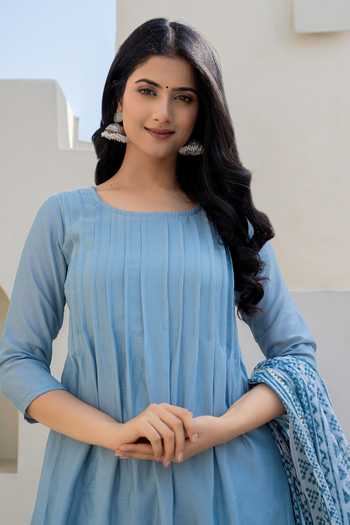 Shop_Suti Kapda_Blue Chiffon, Crepe Round Neck Plain Anarkali And Pant Set_Online_at_Aza_Fashions