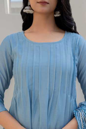 Suti Kapda_Blue Chiffon, Crepe Round Neck Plain Anarkali And Pant Set_at_Aza_Fashions