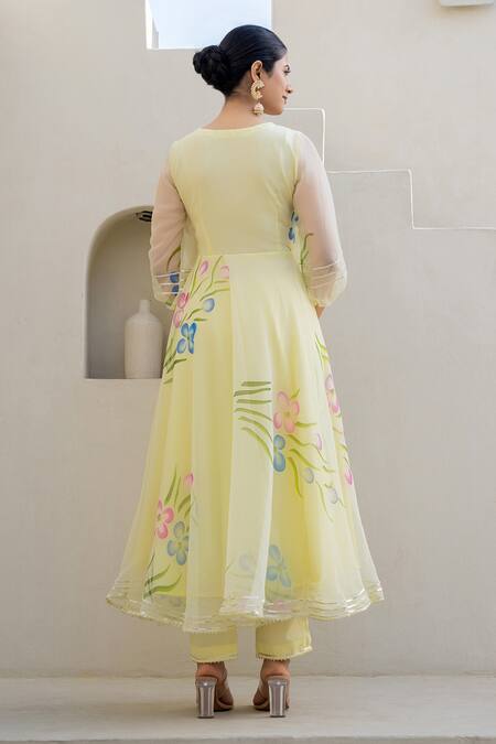 Suti Kapda Yellow Georgette Embroidery Polo Collar Flower Bloom Print Anarkali Pant Set Online at Aza Fashions Suti Kapda_Yellow Georgette Embroidery Polo Collar Flower Bloom Print Anarkali Pant Set _Online_at_Aza_Fashions