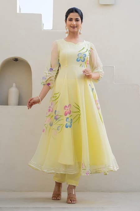 Buy Suti Kapda Yellow Georgette Embroidery Polo Collar Flower Bloom Print Anarkali Pant Set Online at Aza Fashions Buy_Suti Kapda_Yellow Georgette Embroidery Polo Collar Flower Bloom Print Anarkali Pant Set _Online_at_Aza_Fashions