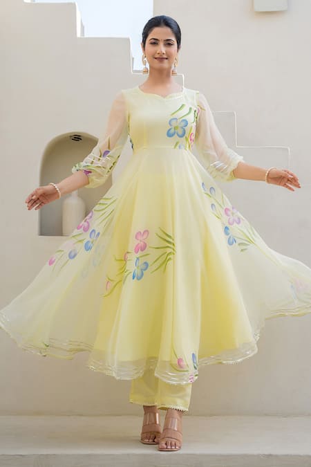 Shop Suti Kapda Yellow Georgette Embroidery Polo Collar Flower Bloom Print Anarkali Pant Set Online at Aza Fashions Shop_Suti Kapda_Yellow Georgette Embroidery Polo Collar Flower Bloom Print Anarkali Pant Set _Online_at_Aza_Fashions