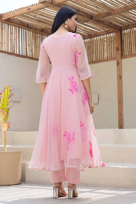 Shop Suti Kapda Peach Georgette Print Rosette Round Anarkali Pant Set at Aza Fashions Shop_Suti Kapda_Peach Georgette Print Rosette Round Anarkali Pant Set_at_Aza_Fashions