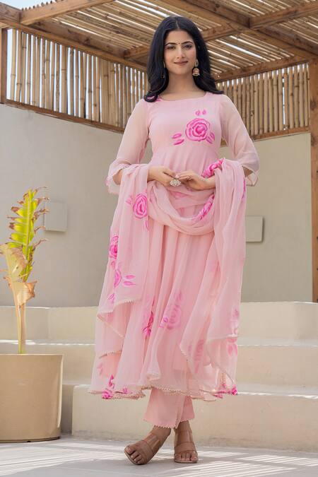 Suti Kapda Peach Georgette Print Rosette Round Anarkali Pant Set Online at Aza Fashions Suti Kapda_Peach Georgette Print Rosette Round Anarkali Pant Set_Online_at_Aza_Fashions