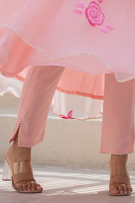 Buy Suti Kapda Peach Georgette Print Rosette Round Anarkali Pant Set Online at Aza Fashions Buy_Suti Kapda_Peach Georgette Print Rosette Round Anarkali Pant Set_Online_at_Aza_Fashions